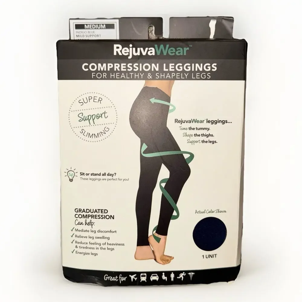 RejuvaWear Footless Compression Support Leggings Sz Medium 15-20mmHg Indigo Blue